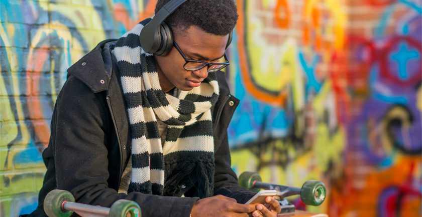 Young man headphones on