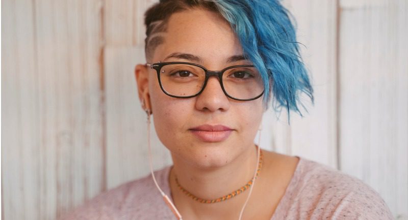 young teenager girl blue hair