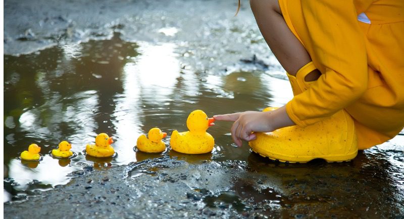 Small girl in yellow dress playing with yellow rubber ducks in a puddle