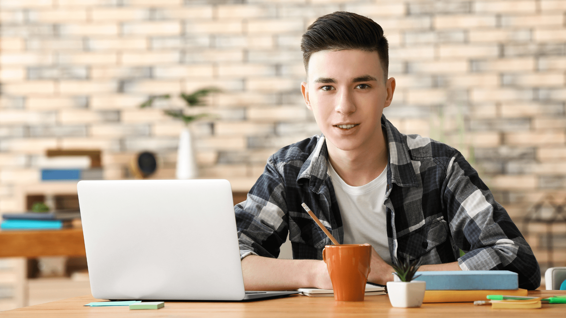 Teenage boy sitting on a laptop