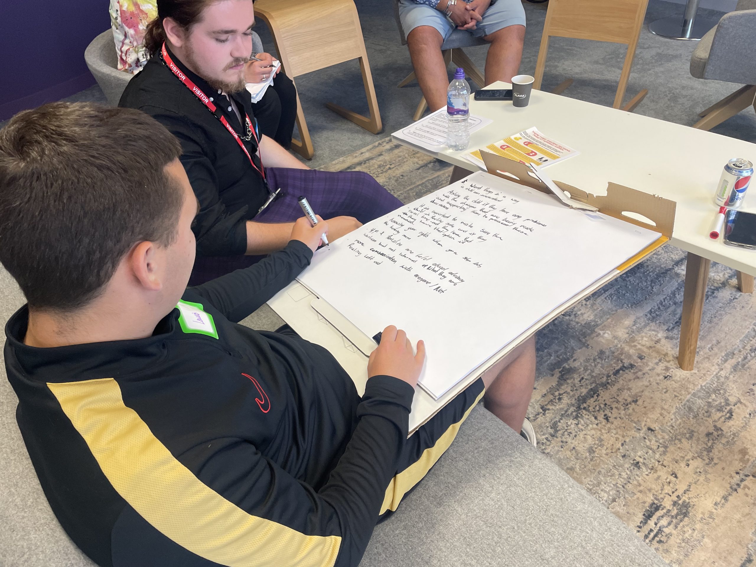 A group of young people writing on a large A2 white paper