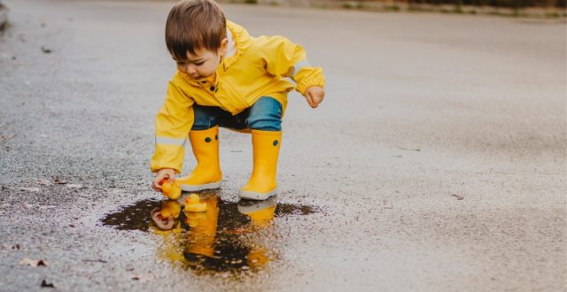 A small child in a yellow rain jacket and yellow wellies plays with a rubber duck in a puddle