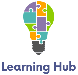 Learning hub logo. A light bulb made up of multi coloured jigsaw pieces.