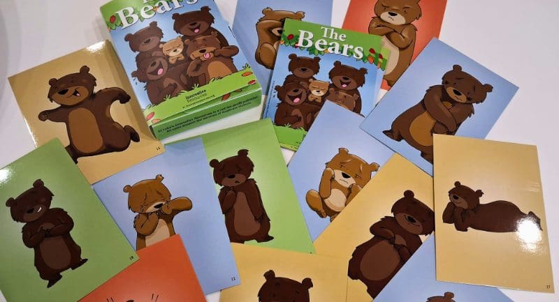 A collection of cards with photos of cartoon bears on them, each card has a different emotion on them