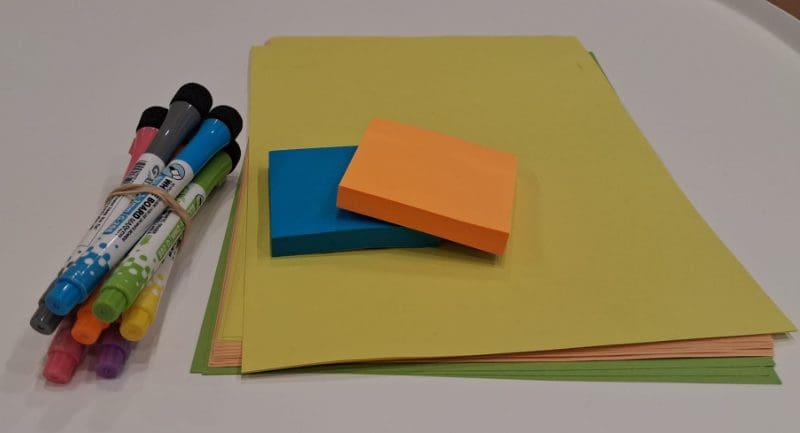A pile of colourful paper and pens