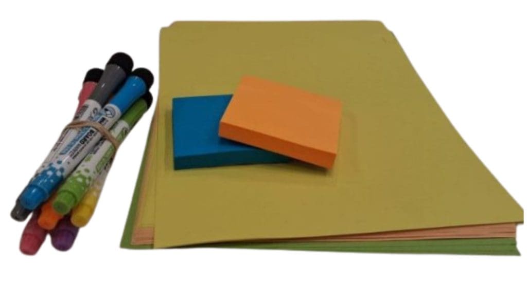 Pens and coloured paper